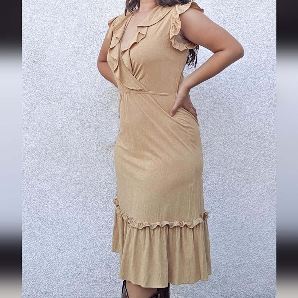 Vintage Tan Faux Suede Western Prairie Dress by Timely Trends / 1980s